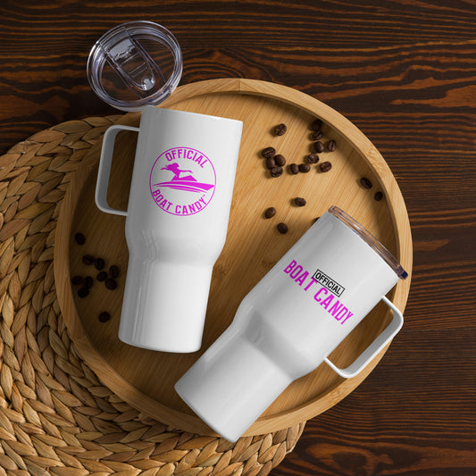 Travel Mug with Handle - Female Logo and S2 - Neon Pink on White